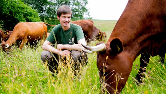 Landwirt Daniel Wehmeyer bei seinem Roten Höhenvieh. © NDR/Dietrich Kühne 