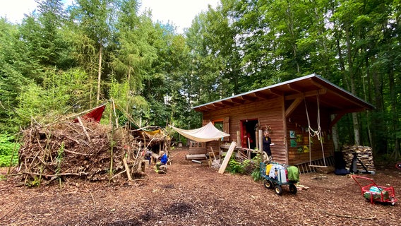 Schutzhütte der Waldkindergartengruppe der SOS-Dorfgemeinschaft Hohenwieden bei Grimmen. © NDR/Till Lehmann 