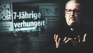 Montage: im Hintergrund Zeitungsberichte über den Tod der 7-jährigen Jessica; im Vordergrund Pastor Thies Hagge, Friedenskirche Hamburg-Jenfeld. © NDR/Thorben Korpel 