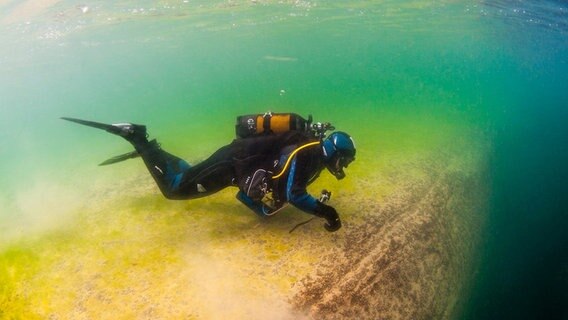 Unterwasserkameramann an der Kante zur Marienschlucht im Bodensee. Deutschlands größtes Binnengewässer ist mit 254 Metern gleichzeitig das tiefste. © NDR/Wolf Wichmann 