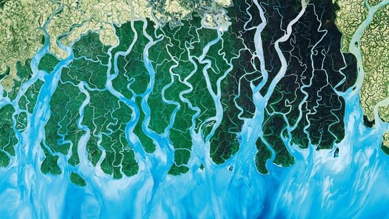 Flussdelta (Sundaban) aus dem All. Mit neuester Satelliten Technik zeigt diese Reihe unsere Erde, wie wir sie noch nie zuvor gesehen haben. © NDR/BBC 