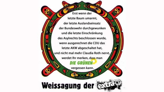 Mit Aufklebern fand in den 80er Jahren die "Weissagung der Cree" in der Umweltbewegung eine weite Verbreitung. extra 3 mit einer kleinen, zeitgemäßeren Abwandlung des Spruches.  