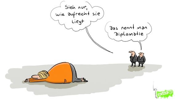Zwei Menschen unterhalten sich, während Angela Merkel auf dem Boden liegt. "Sieh nur wie aufrecht sich liegt" - "Das nennt man Diplomatie."  