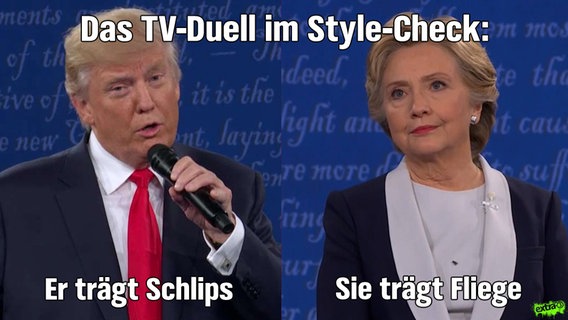 Das TV-Duell im Style-Check: Er trägt Schlips, sie trägt Fliege.  