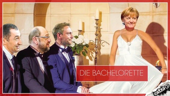 Die Bachelorette Angela Merkel und ihre potentiellen Koalitionspartner Cem Özdemir, Martin Schulz und Christian Lindner.  