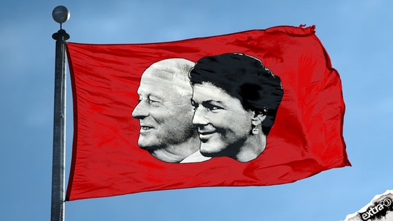 Oskar Lafontaine und Sahra Wagenknecht auf einer roten Fahne.  