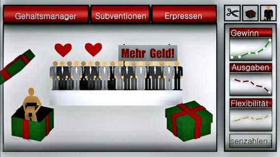 Bildschirmansicht aus dem fiktiven Computerspiel "Unternehmensmanager 2011" © NDR 