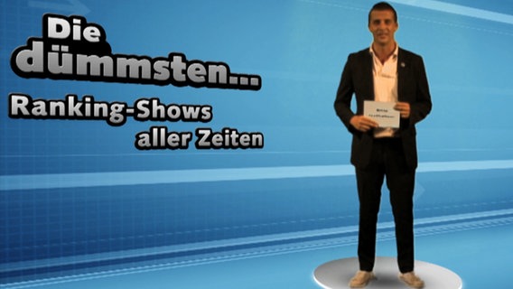 Ein Moderator steht neben dem Slogan "Die dümmsten Ranking-Shows aller Zeiten".  Foto: Screenshot