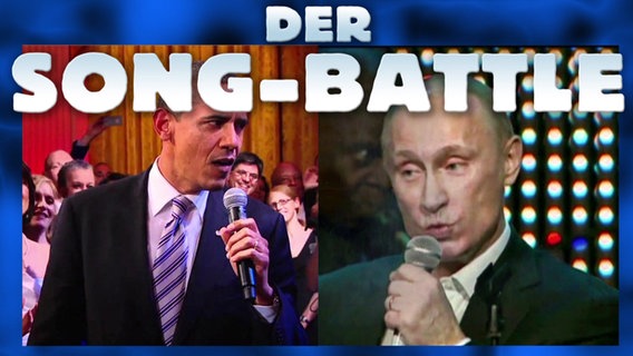 Barack Obama und Wladimir Putin halten in der Montage jeweils ein Mikrofon in der Hand, darüber steht "Der Song-Battle". © NDR Foto: Screenshot