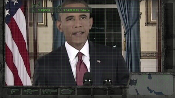 Barack Obama hält eine Rede, darüber liegt der Look eines Computerspiels. © NDR Foto: Screenshot