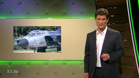 Christian Ehring vor einem Bild eines Kampfjets der Bundeswehr.  
