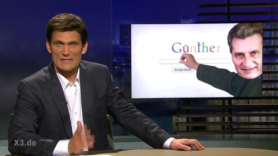 Christian Ehring vor einem Bild von Günther Oettinger.  