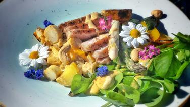 Spargel vom Grill mit Gemüsesalat und Kotlett auf einem Teller angerichtet. © NDR Foto: Dave Hänsel
