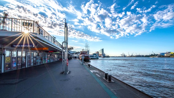 Blauer Himmel und ein paar Wolken über den Landungsbrücken und dem Hafen. © NDR Foto: Hagen Thom