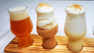 Bavarian cream and mousse au chocolat with wheat beer foam in glasses next to a glass of wheat beer.  © megaherz 