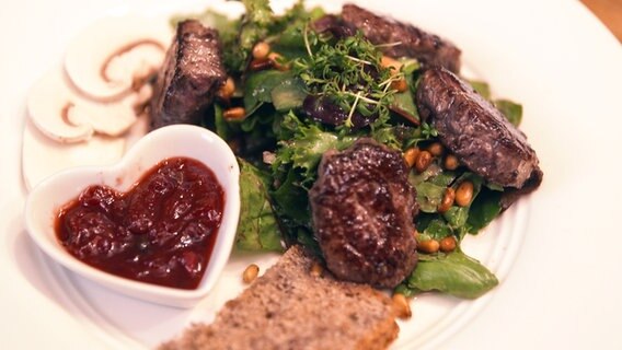 Tranchen vom Rehfilet auf Salat serviert, daneben steht ein Schälchen mit Erdbeer-Chutney. © doclights/NDR 