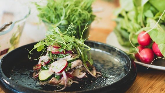 Ceviche-Salat mit Matjes auf einem Teller serviert. © NDR Foto: Tarik Rose
