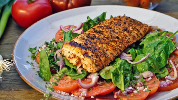 Grilled spiced salmon with tomato spinach salad served on a plate.  © NDR Photo: Florian Kruck
