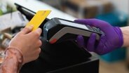 Zwei Hände, die eine hält eine EC-Karte, die andere ein Kartenlesegerät © IMAGO / Shotshop 