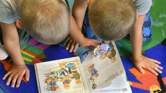 Zwei kleine Kinder schauen sich ein Bilderbuch an. © picture alliance/dpa Foto: Waltraud Grubitzsch