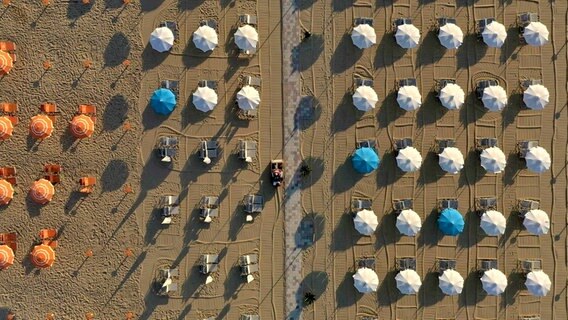 Die Ruhe vor dem Sturm. In den frühen Morgenstunden werden am noch menschenleeren Strand von Rimini kilometerweit Schirme aufgespannt und der Sand geglättet. Die Ruhe vor dem Sturm. In den frühen Morgenstunden werden am noch menschenleeren Strand von Rimini kilometerweit Schirme aufgespannt und der Sand geglättet. © NDR/nonfictionplanet/Forian Melzer