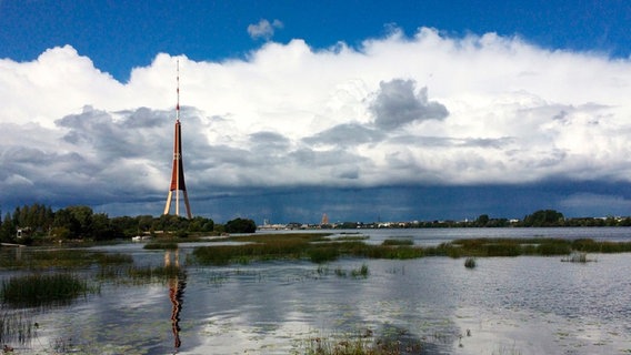 Ein Fernsehturm ragt vor einem bewölkten Himmel in die Luft. © NDR/Till Lehmann 