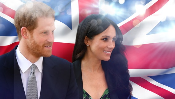 Prinz Harry und Meghan Markle vor einem Union Jack. (Montage) © picture alliance / Wire/dpa, fotolia Foto: Dominic Lipinski, mozZz