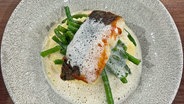 Cod served on a plate with mashed potatoes, beans and bacon foam.  © NDR Photo: Hannes Schröder
