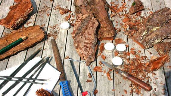 Auf einem Holztisch liegen Rindenstücke, Teekerzen, Werkzeug und Bindedraht. © NDR Foto: Isabell Hayn