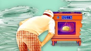 Bunte Zeichnung: In einem altmodischen Ofen backt ein Brötchen. Davor steht ein Bäcker vorgebeugt und blick in den Ofen. Drumherum Stapel von Papier. © Entwurf Illustration: Kathy Würbs | Montage: NDR/Bettina Wiedner 