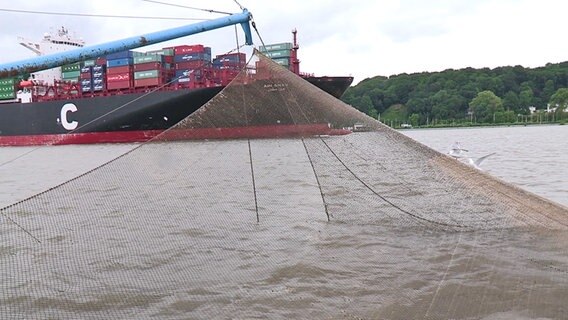 Ausgeworfenes Netz eines Fischkutters auf der Elbe. Im Hintergrund fährt ein Containerschiff vorbei. © NDR 
