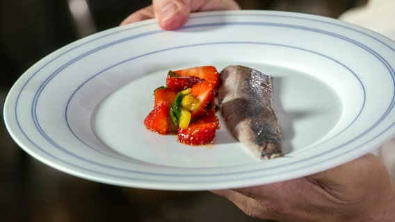 Ein Teller mit einem Matjesfilet und Erdbeerragout daneben. © NDR 