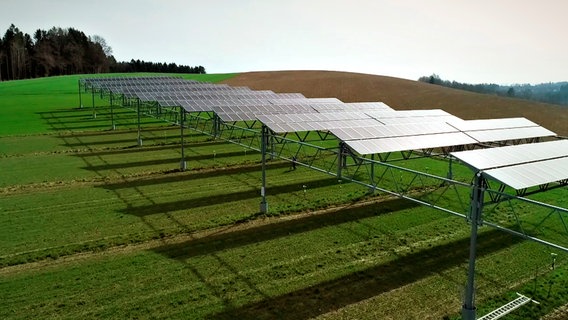 Ein Feld auf einem Hügel, auf dem Photovoltaik-Anlagen stehen. © NDR/rbb 