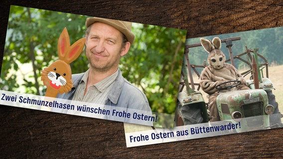 Zwei Oster-E-Cards mit Büttenwarder-Fotos und Ostergrüßen liegen auf einem Holz-Untergrund. © NDR Foto: -