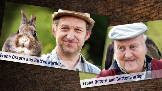 Zwei Oster-E-Cards mit Büttenwarder-Fotos und Ostergrüßen liegen auf einem Holz-Untergrund. © NDR, fotolia Foto: -