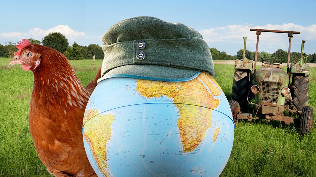 Ein Globus mit einer Mütze. Daneben ein Trecker und ein Huhn.