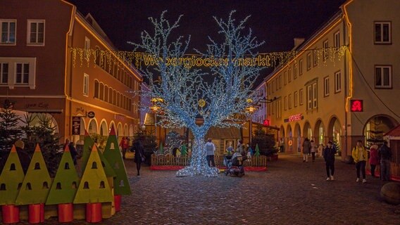 Ein beleuchteter Baum am Eingang zu einem Weihnachtsmarkt. © NDR Foto: Detlef Meier aus Ducherow