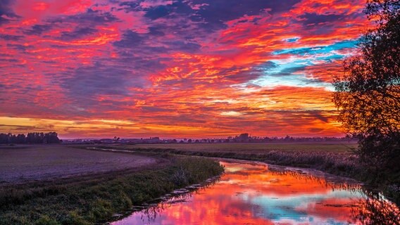 Blutroter Sonnenuntergang über einer Landschaft mit einem Graben. © NDR Foto: Detlef Meier aus Ducherow