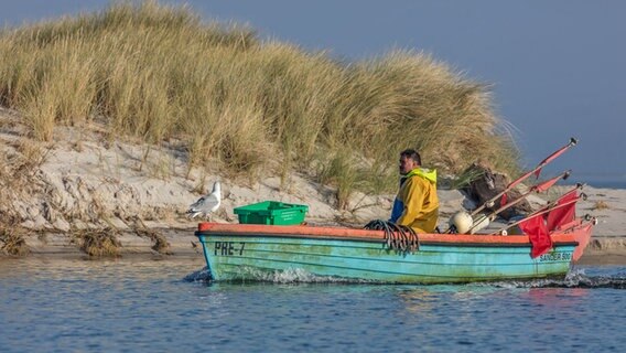 Ein Fischer fährt mit seinem Boot in einen Hafen. © NDR Foto: Klaus Haase aus Prerow