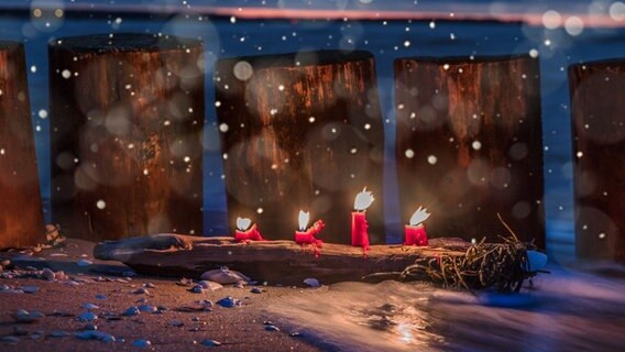 Vier rote Adventskerzen brennen am winterlichen Strand in Prerow. © NDR Foto: Klaus Haase aus Prerow