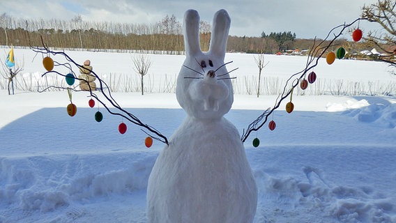 Ein Osterhase aus Schnee trägt Ostereier an seinen Armen. © NDR Foto: Ralf Godglück aus Sanitz