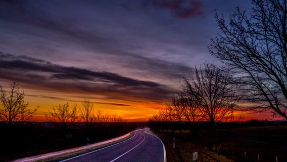 Eine Landstraße im Sonnenaufgang © NDR Foto: Roger Lambert aus Mühlengeez