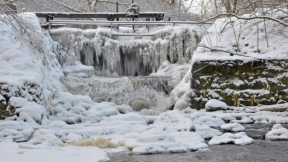 Gesamtansicht des vereisten Wasserfalls an der Zirzower Mühle © NDR Foto: Norbert Brandt aus Neubrandenburg