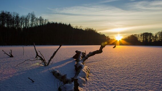 Sonnenuntergang über einem zugeschneiten See © NDR Foto: Morten Lingnau aus Neustelitz