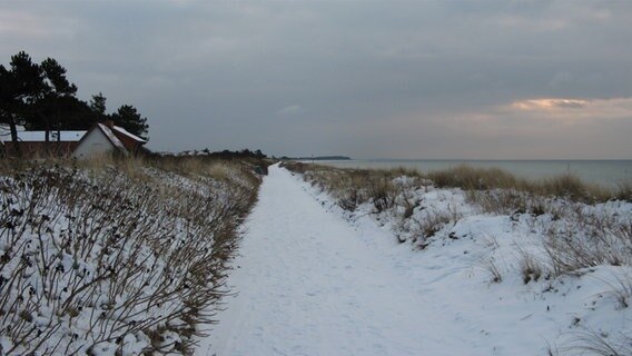 Ein Fischerboot liegt an einem verschneiten Strand. © NDR Foto: Christine Arendt aus Kloster/Hiddensee