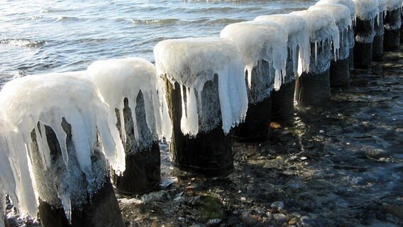 Kleine Buhnen im seichten Wasser tragen dicke Eishauben mit langen Eiszapfen © NDR Foto: Christine Arendt aus Kloster