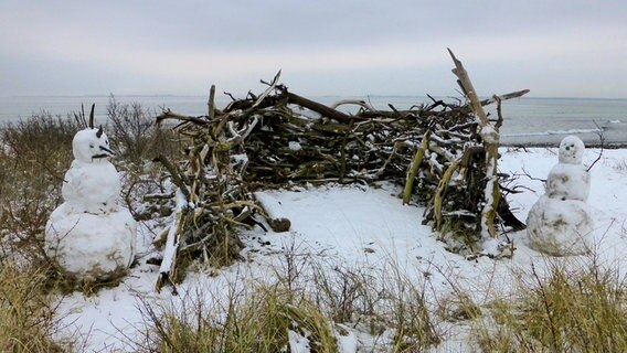 Zwei Schneemänner stehen am Strand. © NDR Foto: Gerald Schneider aus Kloster/Hiddensee