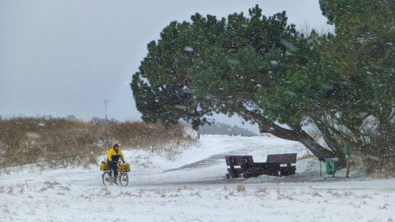 Postbote fährt durch Schneesturm mit dem Fahrrad. © NDR Foto: Gerald Schneider aus Kloster