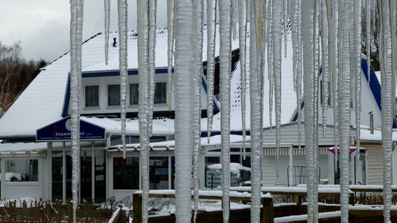 Große Eiszapfen hängen von einem Dachüberstand auf Rügen. © NDR Foto: Gerald Schneider aus Kloster/Hiddensee