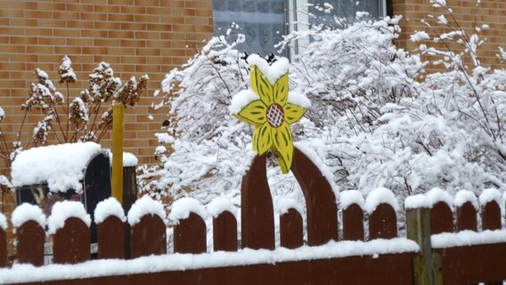 Eine Holzblume auf einem Zaun ist mit Schnee bedeckt. © NDR Foto: Hans Joachim Knobs aus Ueckermünde